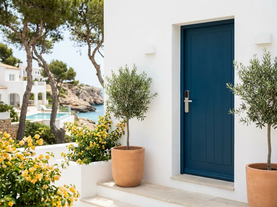 Entrada de una villa moderna con puerta reforzada y cerradura de seguridad